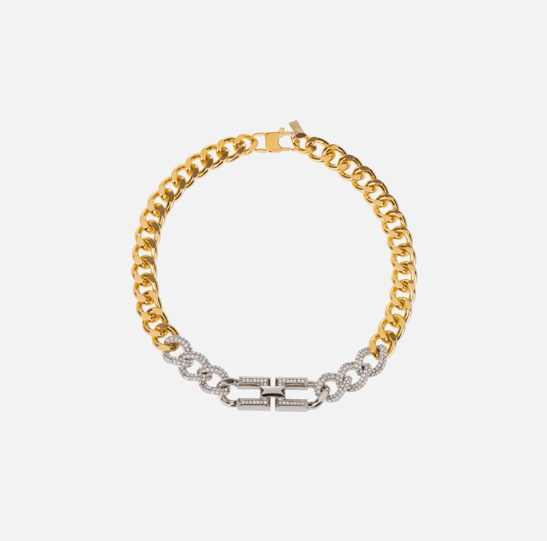 Collana in ottone con logo e strass
